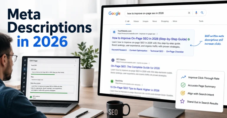 SEO professional reviewing meta descriptions and search snippets before publishing content
