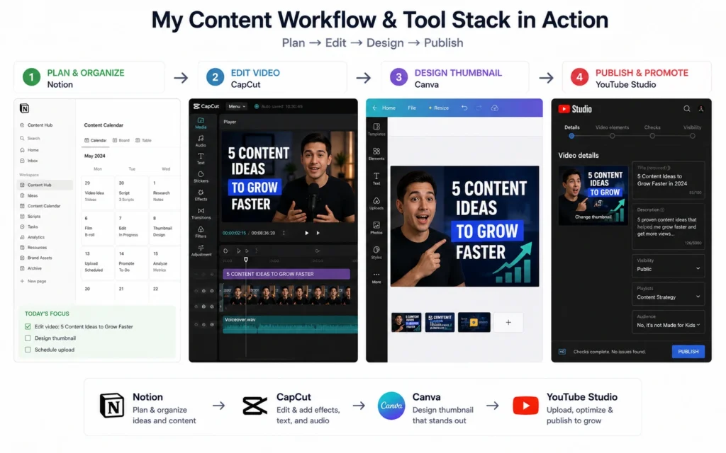 Content creation workflow showing planning, editing, design, and publishing tools connected