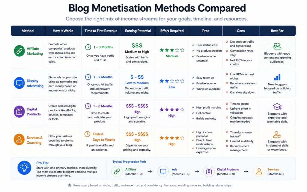 Comparison of content creator monetisation methods showing time investment and revenue potential