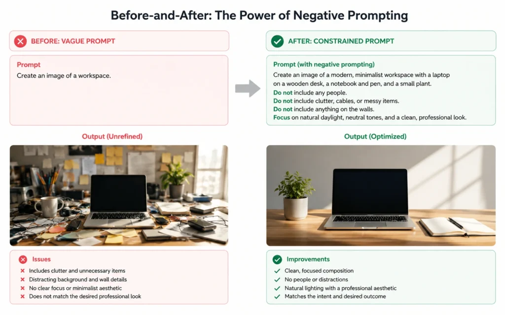 Comparison of AI output before and after negative prompting