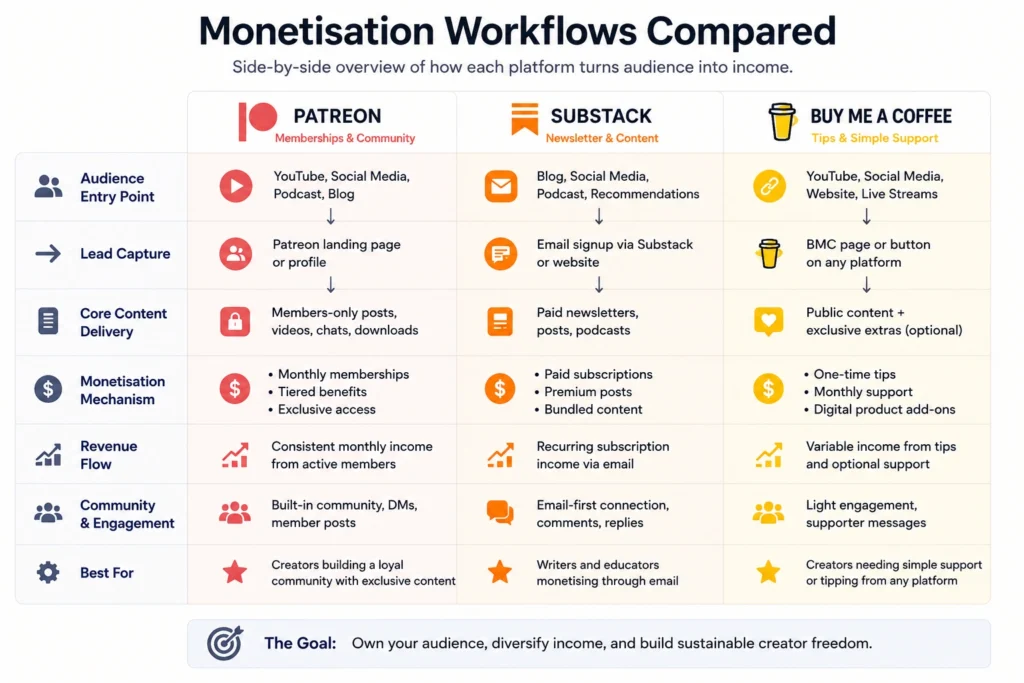 Comparison table showing Patreon, Substack, and Buy Me a Coffee features