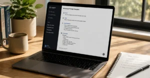 Writer using prompt engineering for content writers with structured AI prompt template on laptop