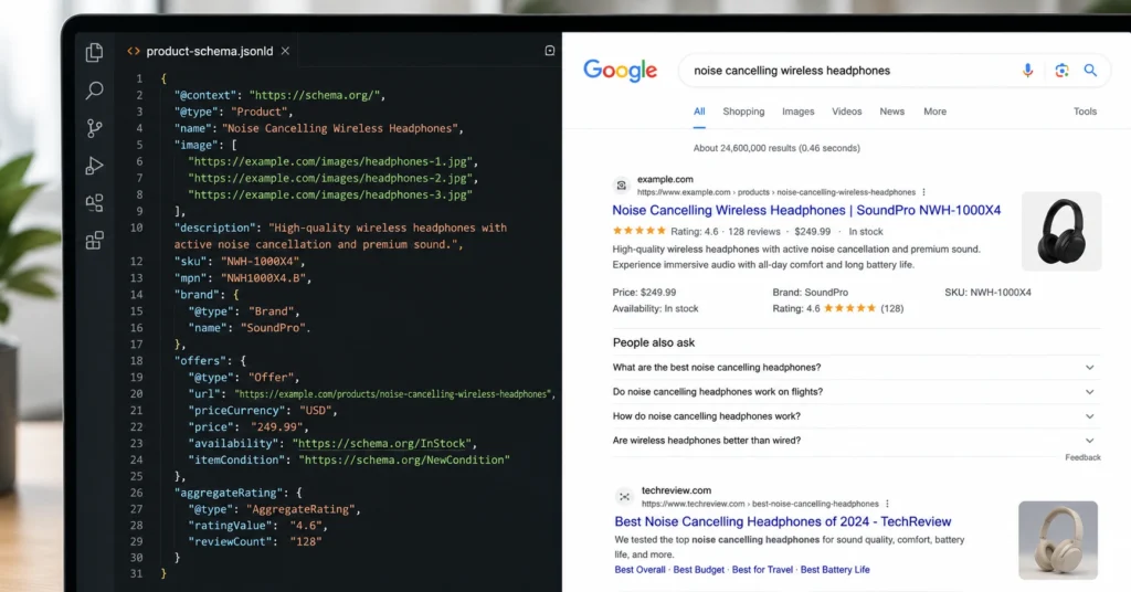 Split-screen interface showing JSON-LD structured data code next to a search engine rich result listing