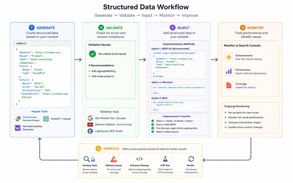 Flowchart illustrating the steps of schema markup execution from initial creation to testing and publishing