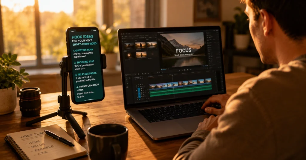 Creator planning a short-form video strategy with script notes and editing timeline visible