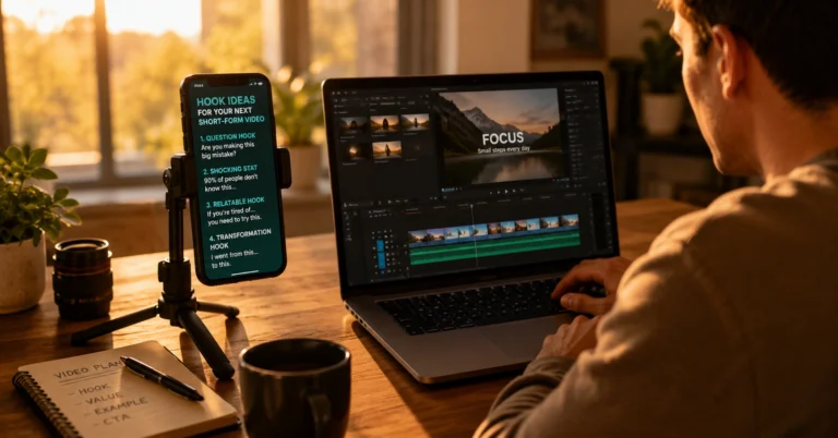 Creator planning a short-form video strategy with script notes and editing timeline visible