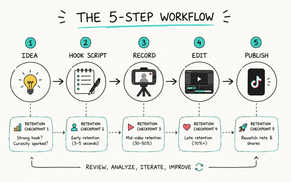 Five-step short-form video workflow diagram with retention checkpoints