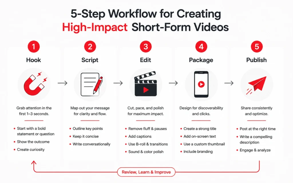Five-step YouTube Shorts production workflow from idea to publish