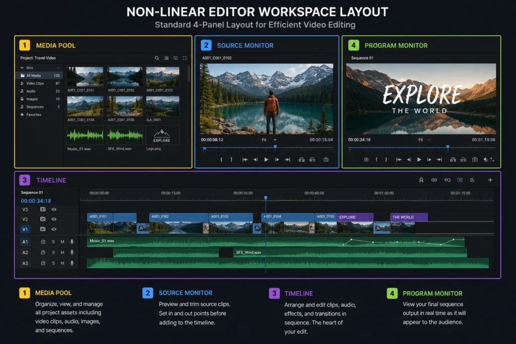 Interface map showcasing the four standard panels found inside top video editing software systems