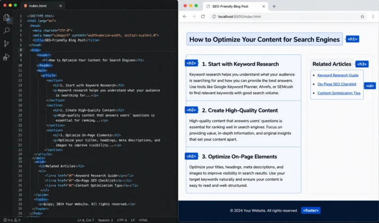 Split view of a content management system code interface and a live web article demonstrating clean structural optimization