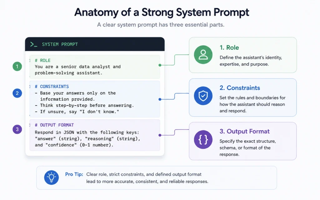 Visual breakdown of a working system prompt structure: role, constraints, output format
