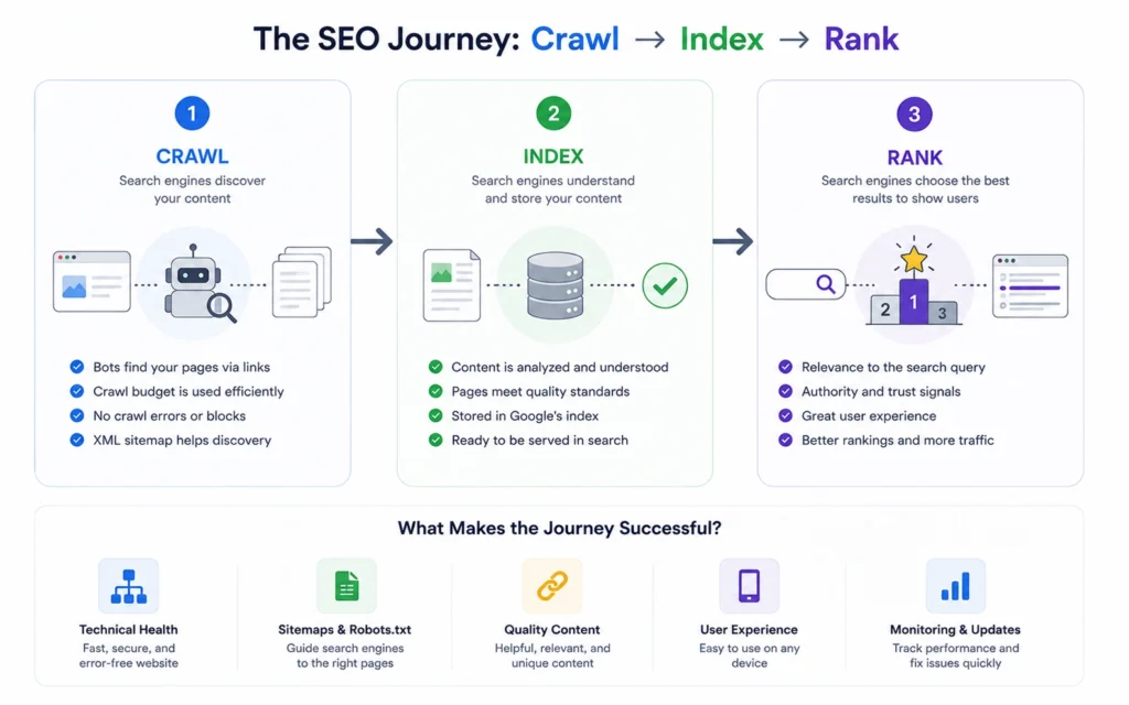 Diagram showing how search engines crawl, index, and rank web pages