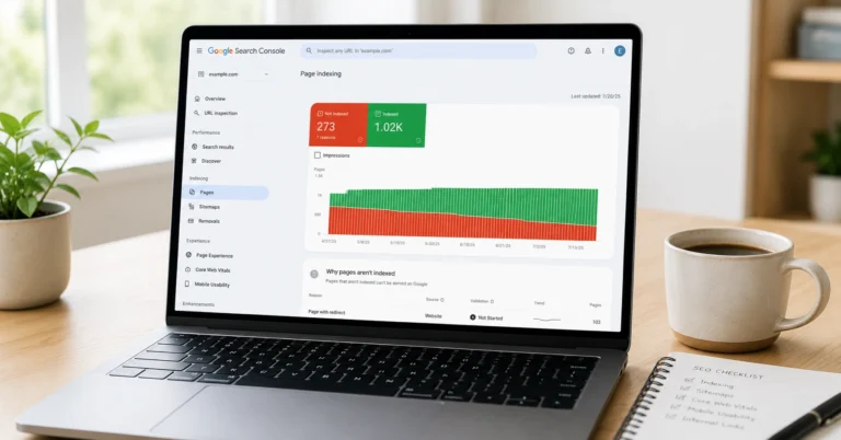 Laptop displaying Google Search Console technical SEO report on clean desk with morning coffee