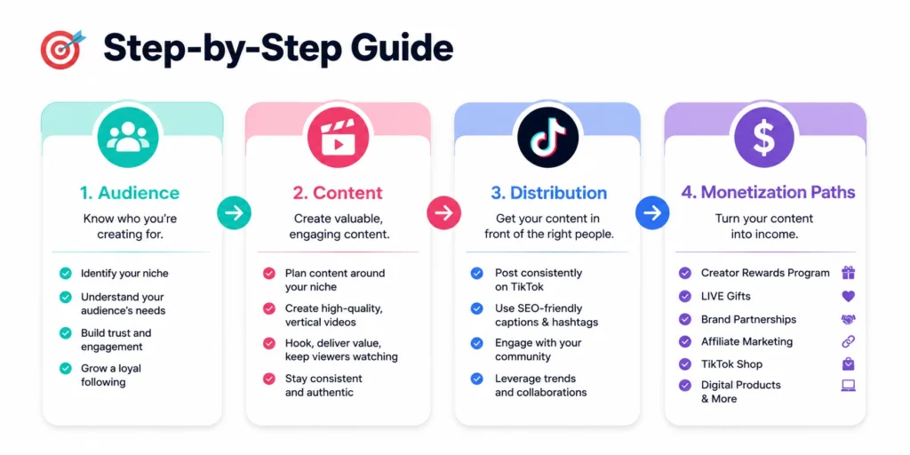 TikTok monetization workflow showing how content converts into revenue