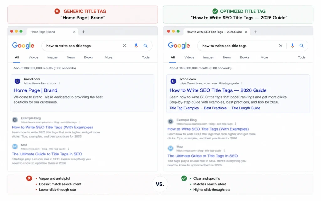 Comparison of a weak title tag versus a strong, click-worthy SEO title tag