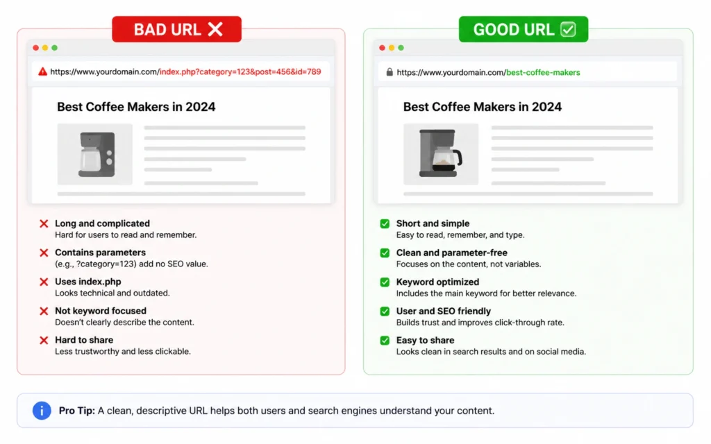 Comparison of poorly structured URL versus SEO optimized URL with annotations