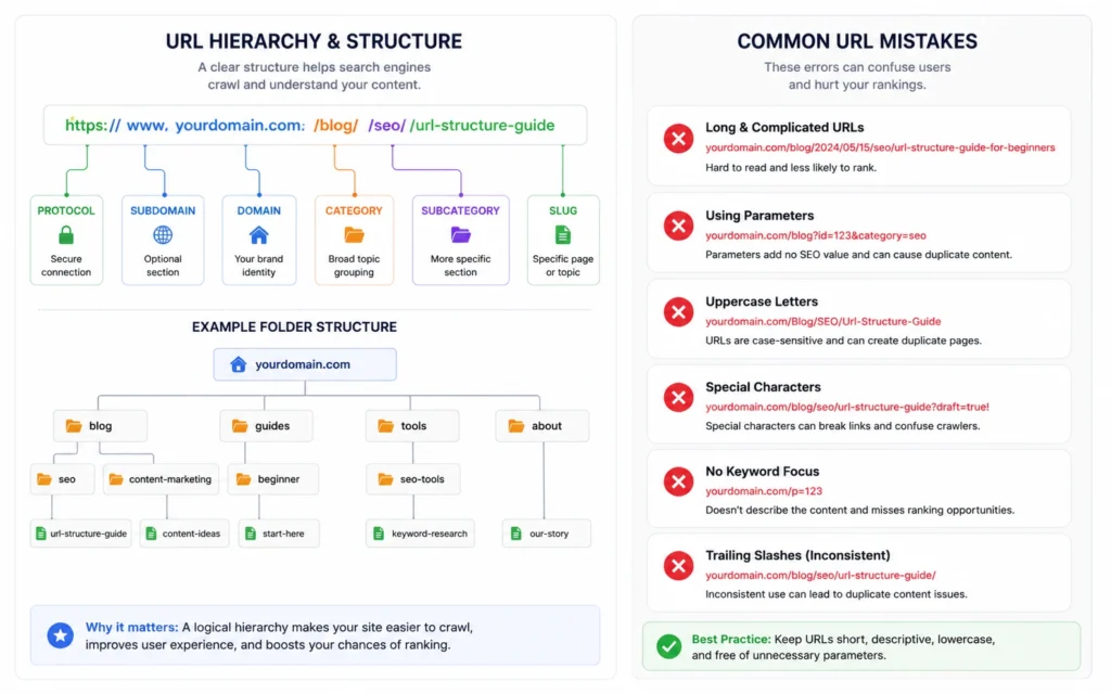 Visual diagram of proper URL hierarchy and folder structure for SEO