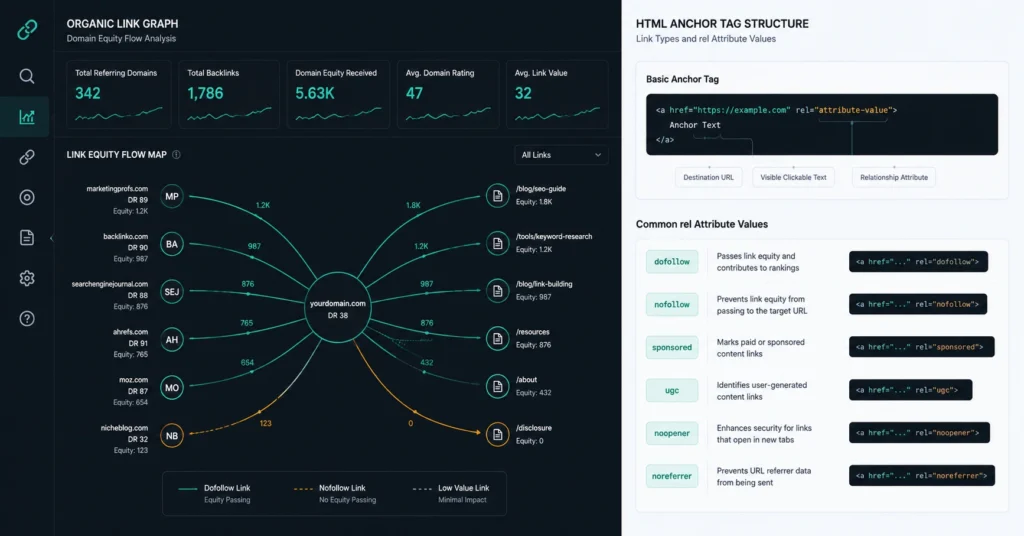 An analytical breakdown showing how external source platforms pass domain equity using clean structural backlinks