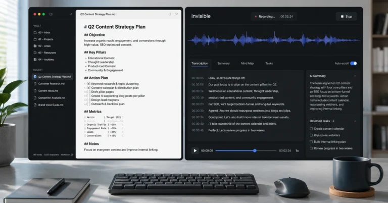 Split screen workspace displaying raw meeting notes on one side and structured AI markdown summaries on the other