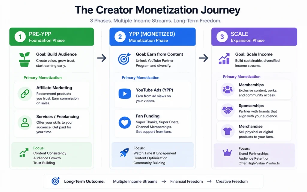 “YouTube monetization funnel: pre-YPP, YPP, scale