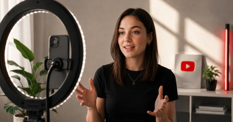 Creator filming YouTube Shorts with phone and ring light setup
