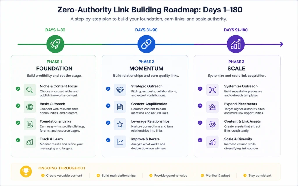 180-day link building roadmap showing three phases from foundation to scaling
